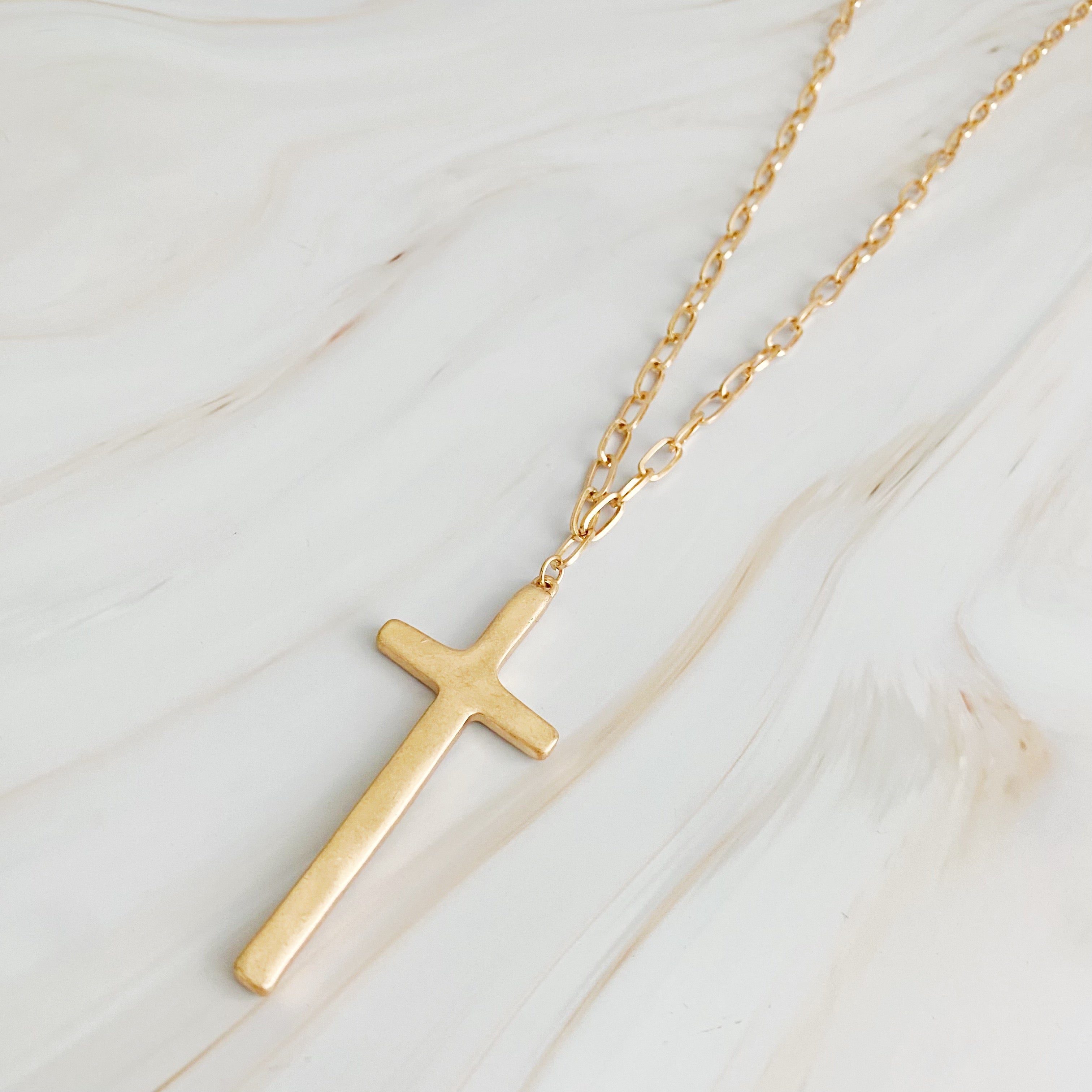 Hammered Cross Long Chain Necklace-4