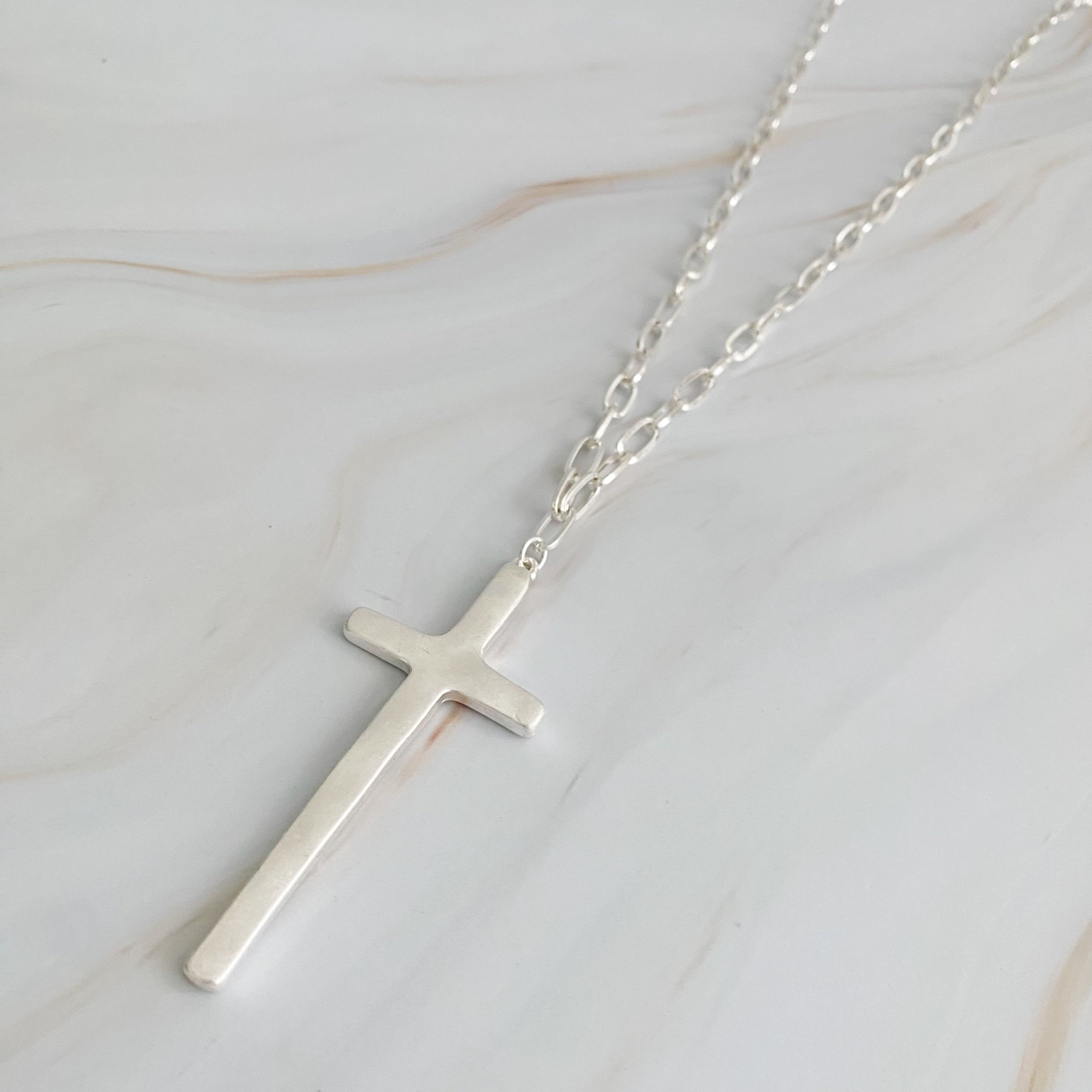 Hammered Cross Long Chain Necklace-5