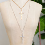 Hammered Cross Long Chain Necklace-1