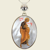 Silver-plated oval necklace with a mother-of-pearl cabochon pendant featuring an image of Saint Peter.