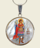 Silver plated oval necklace pendant with a mother-of-pearl cabochon featuring an illustration of Saint Michael the Archangel, with a silver-plated chain attached at the top.