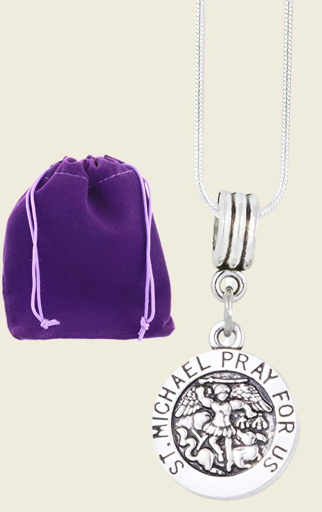 Saint Michael Pray for Us Round Charm Snake Chain Necklace-0
