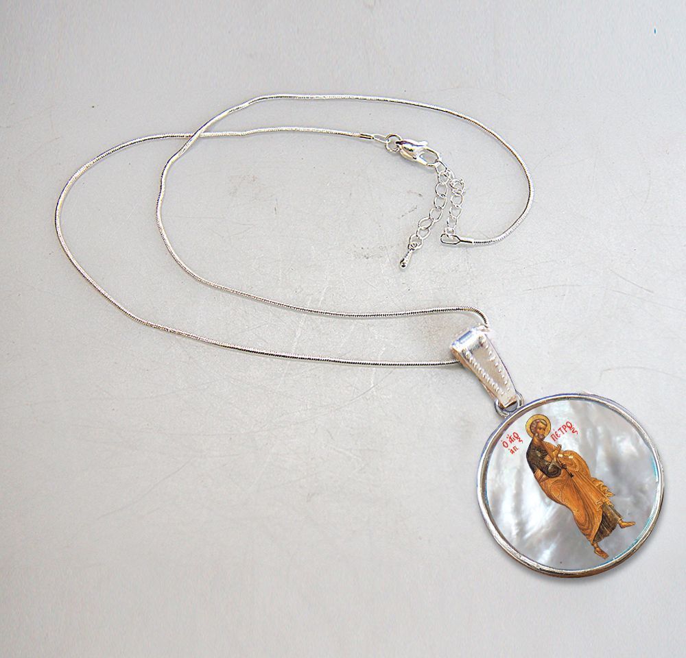 Saint Peter the Apostle necklace featuring a hand-painted icon on a mother-of-pearl cabochon