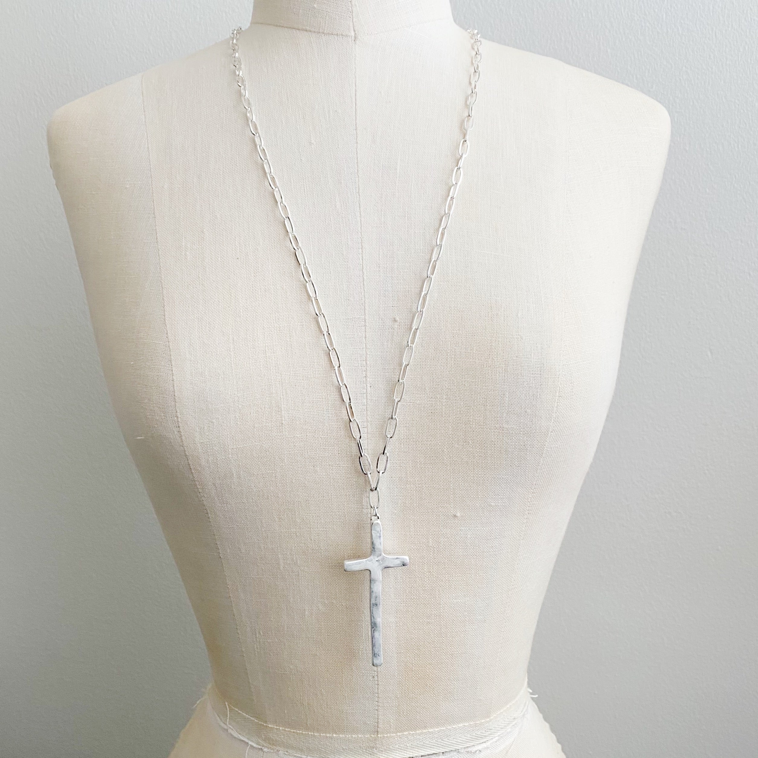 Hammered Cross Long Chain Necklace-3