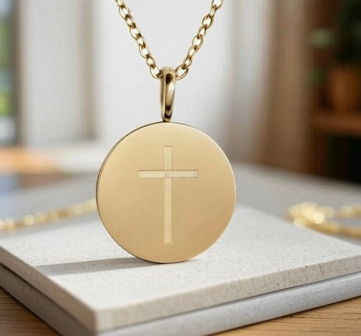 A close-up shot of the Elegant Engraved Cross Pendant
