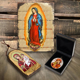 Panel paints of Christian figures and a plated necklace