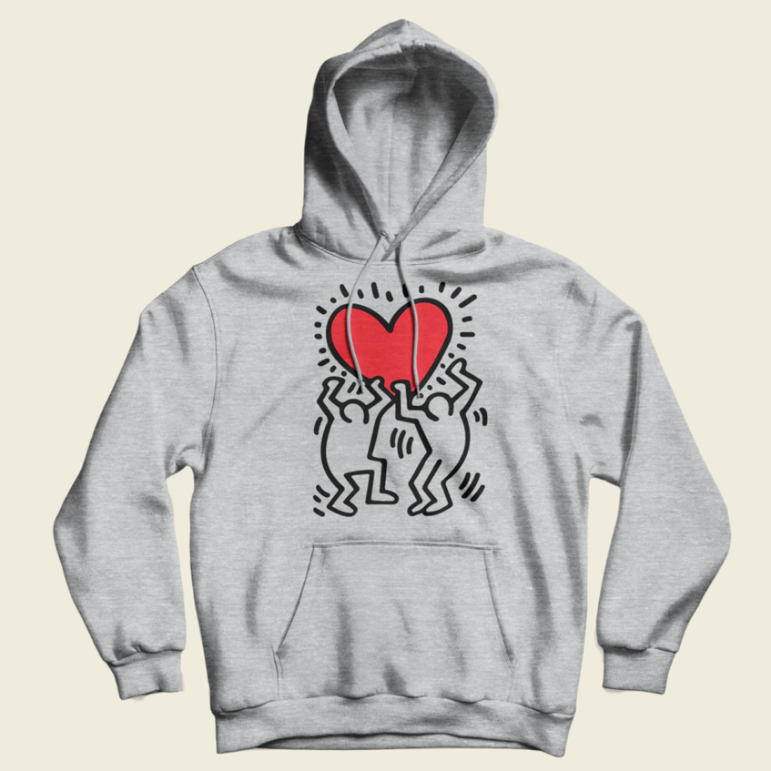 A gray hoodie with a graphic print of two stylized men holding a red heart icon, representing street art style.