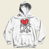 A gray hoodie with a graphic print of two stylized men holding a red heart icon, representing street art style.
